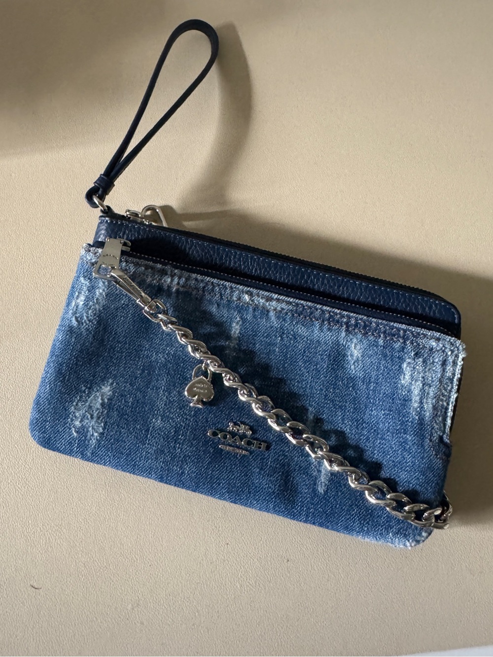 Coach double zip wristlet in loved denim and navy leather with tags